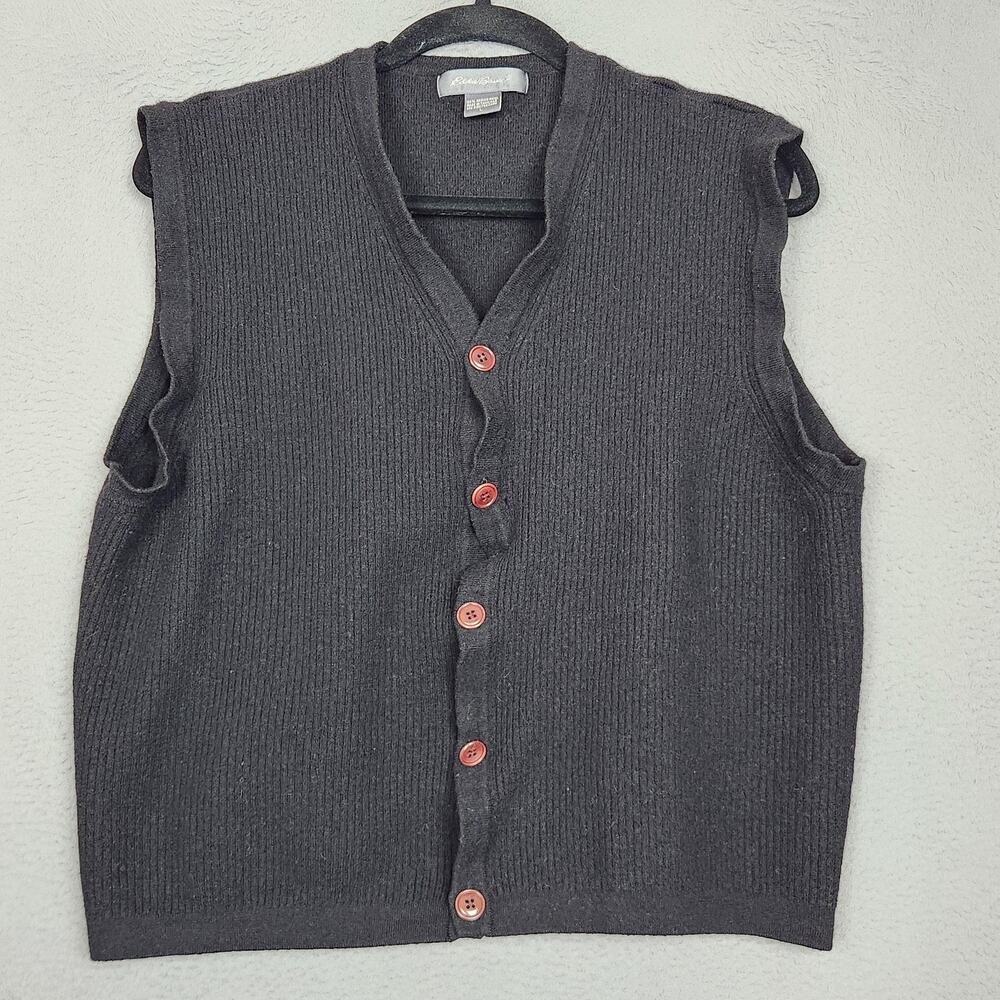 Eddie Bauer Sweater Vest Mens Large Black Merino Wool V Neck Knit Cardigan